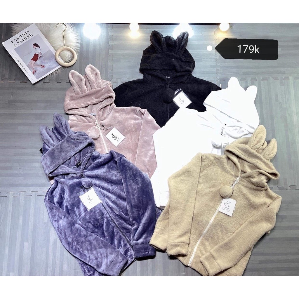 Áo khoác hoodie nữ trơn mũ tai thỏ form rộng siêu cute