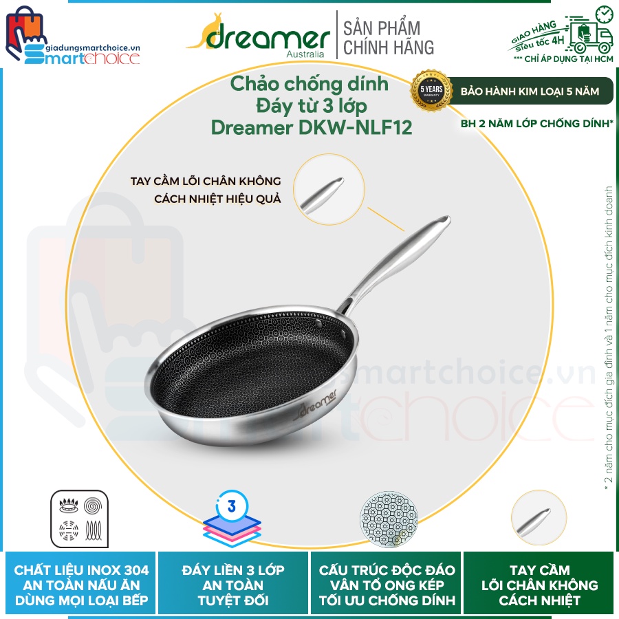 Chảo chống dính Dreamer 3 lớp, Dày 2.5mm, Dùng cho bếp từ, Nắp kính cường lực, Tay cầm lõi chân không, Hàng chính hãng