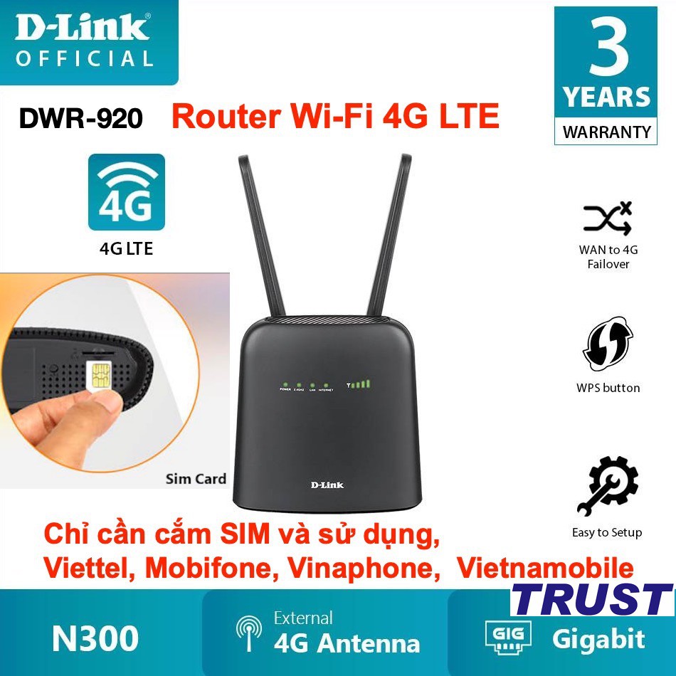 Bộ phát wifi 3G/4G LTE không dây N 300Mbps D-Link DWR-920, 2 râu Anten , 2 cổng LAN - Hàng Chính Hãng