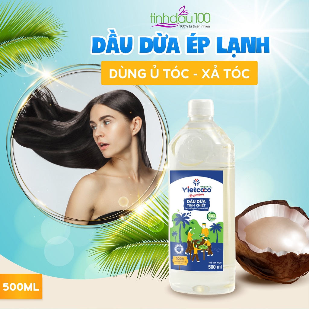 Dầu dừa ép lạnh VietCoco dưỡng tóc 500ml. Tinh dầu dừa nguyên chất ủ tóc, giúp tóc mềm mượt, nhanh dài Tinh Dầu 100 Shop