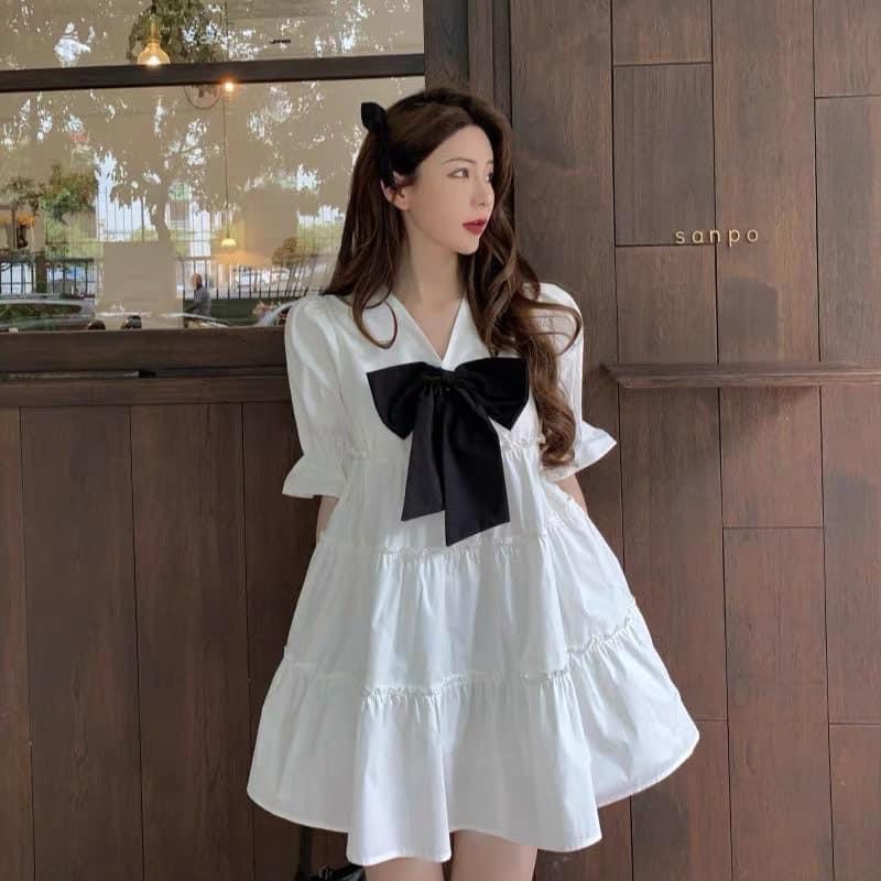 Đầm babydoll nữ ❤️váy tiểu thư trắng xoè cổ v đính nơ❤️ chất thô mềm xếp tầng phông cách hàn quốc