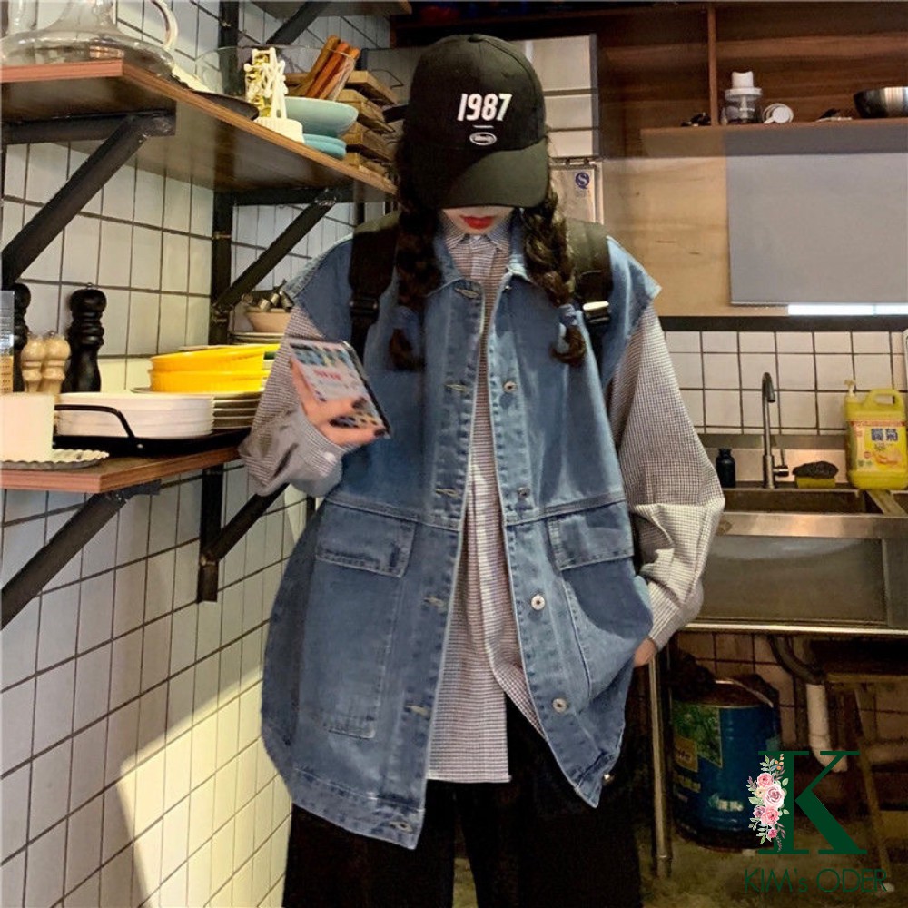 Áo khoác bò gile nam nữ dáng rộng unisex phong cách Ulzzang Hàn Quốc dáng rộng hai màu xanh đen chất jean đẹp