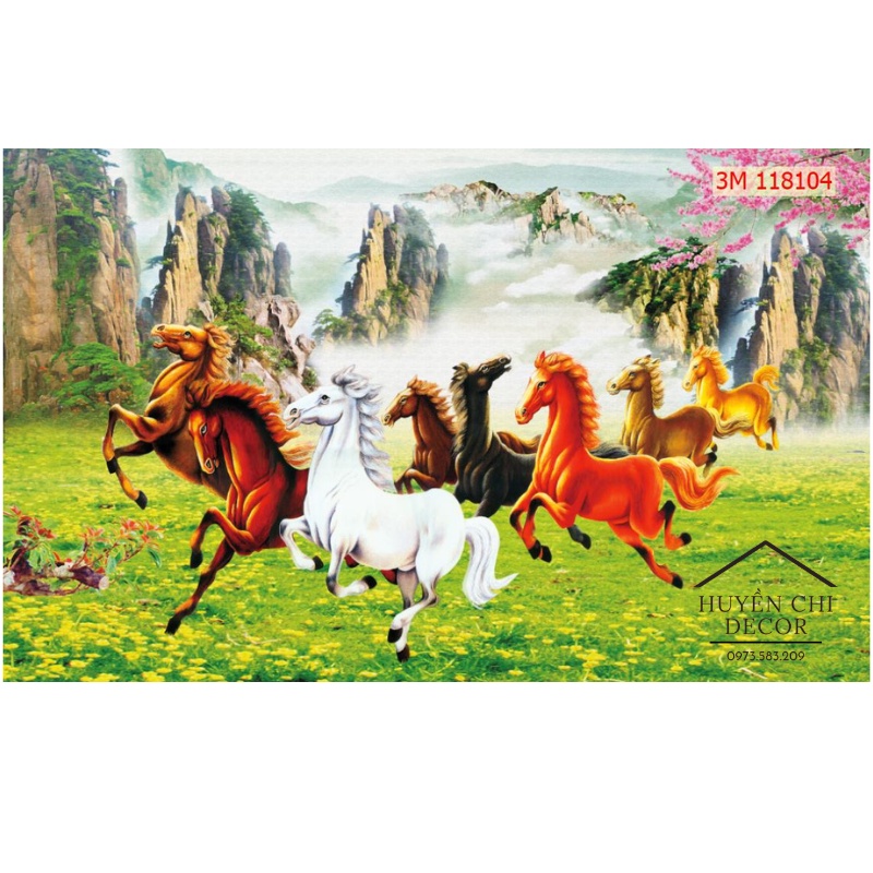 Tranh dán tường 3d Mã Đáo Thành Công- Bát mã - Huyền Chi - vải lụa cao cấp tặng kèm keo dán