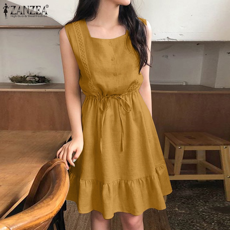 Đầm dáng ngắn ZANZEA cổ vuông không tay dáng rộng thời trang cho nữ