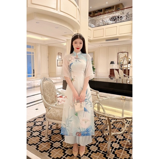 Áo dài cách tân Thanh Liên màu xanh pastel nhẹ nhàng áo dài thiết kế xinh đi chơi có kết đính mẫu mới năm 2022
