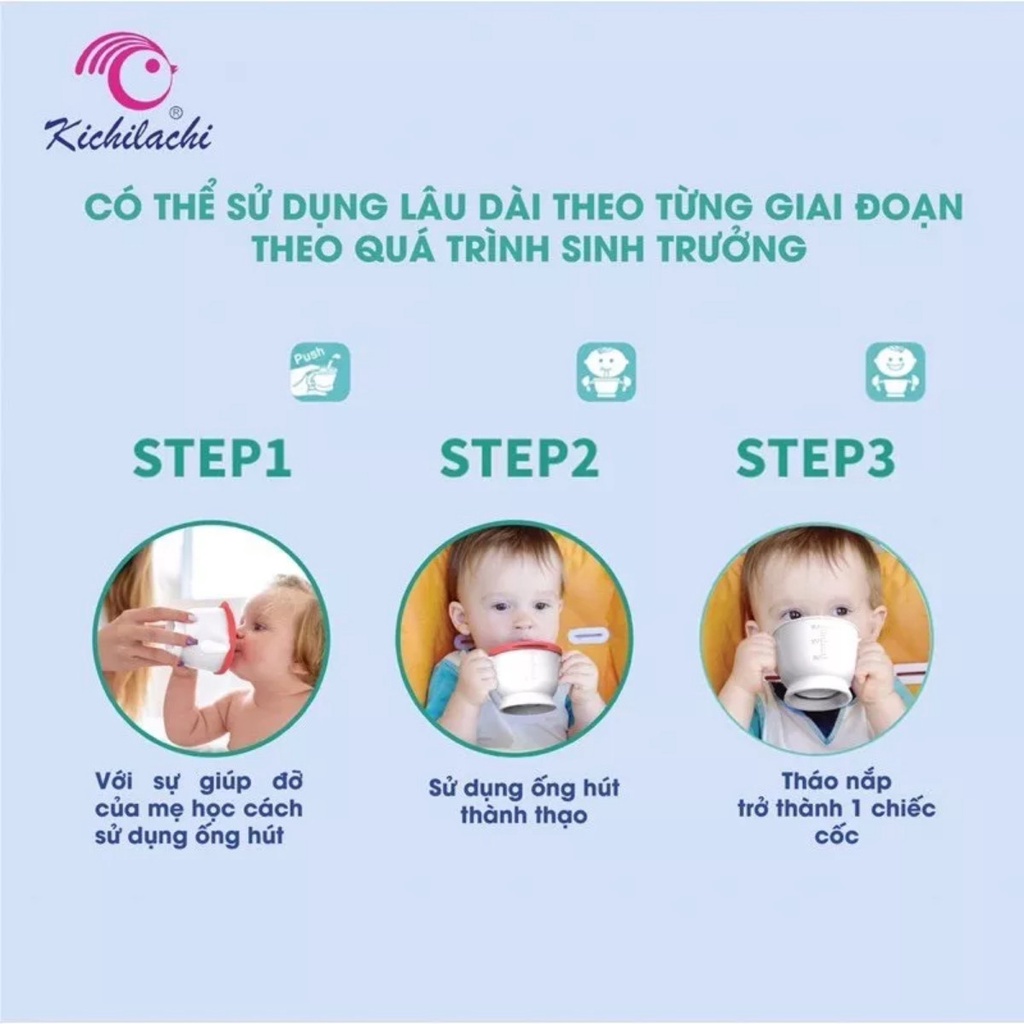 Cốc tập uống 3 giai đoạn Kichi có kèm ống hút và nắp cho bé, giúp bé tập uống nước, uống sữa dễ dàng Zimbababy