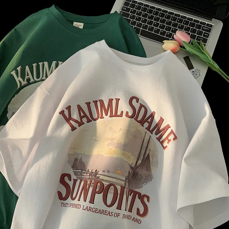 Áo Thun Tay Ngắn Dáng Rộng In Hình Phong Cảnh Phong Cách Hàn Quốc Thời Trang Cho Nữ