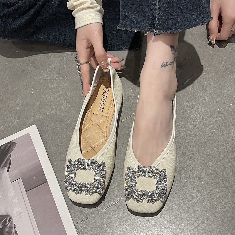 Giày Búp Bê Da Đế Bằng Mũi Vuông Đính Pha Lê Thời Trang Công Sở Cho Nữ