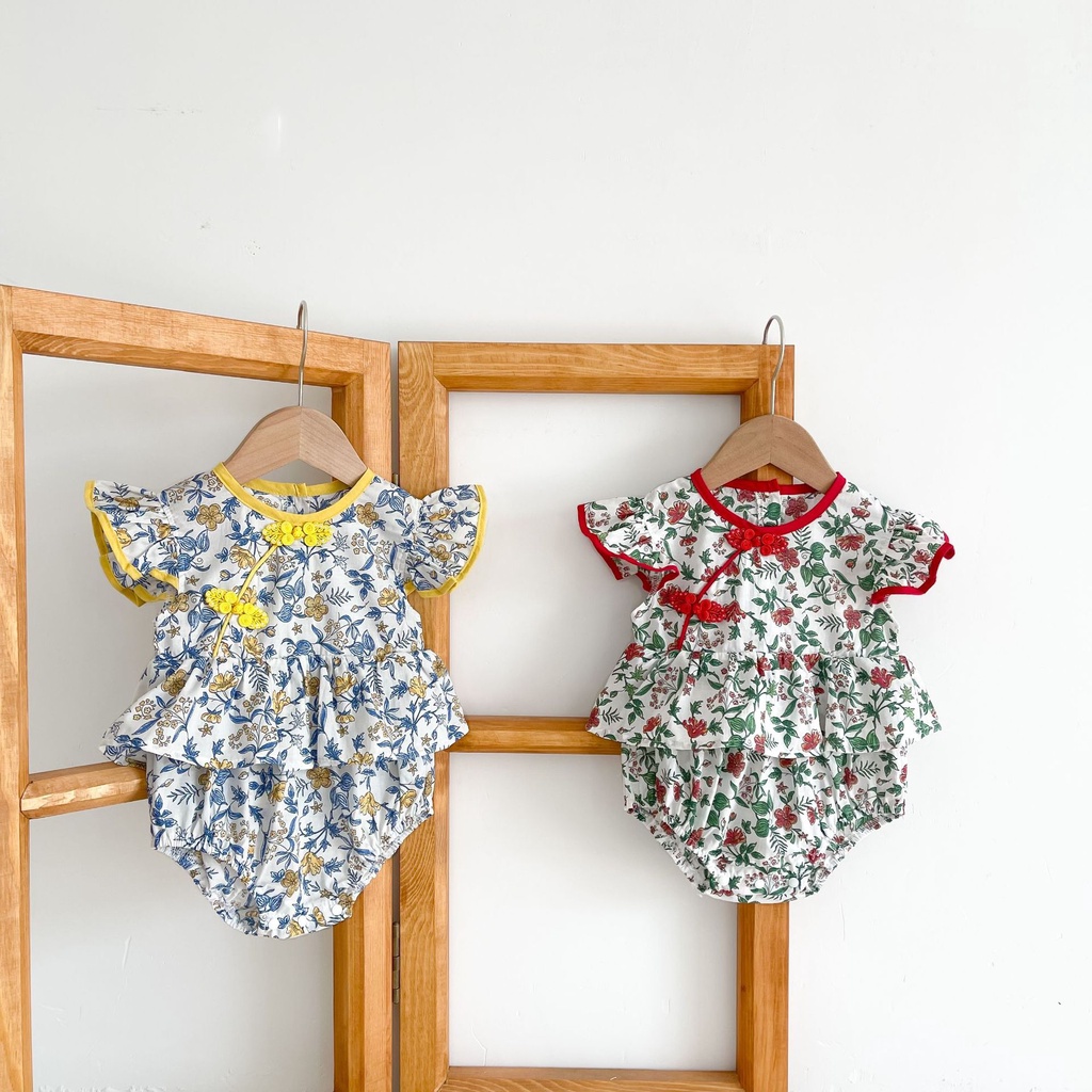 Bộ Áo Liền Quần Kiểu Sườn Xám Tay Cánh Tiên Phong Cách Trung Hoa Xinh Xắn Cho Bé Gái