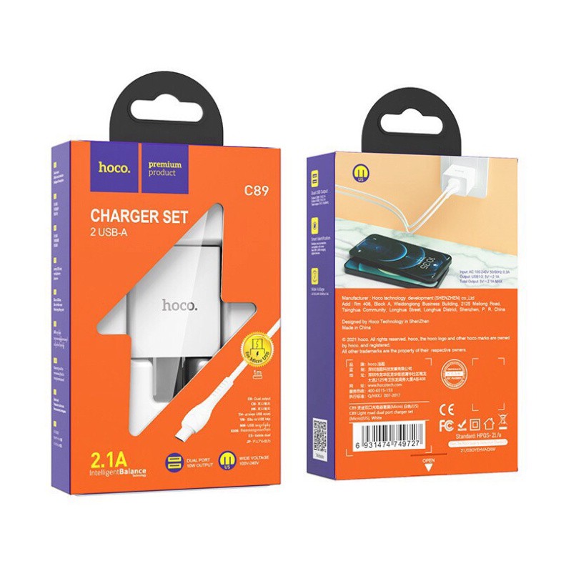 Bộ sạc 2 cổng sạc chính hãng Hoco C89 hỗ trợ sạc nhanh 2.1A Iphone/ipad/Micro/TypeC - Bảo hành 12 tháng