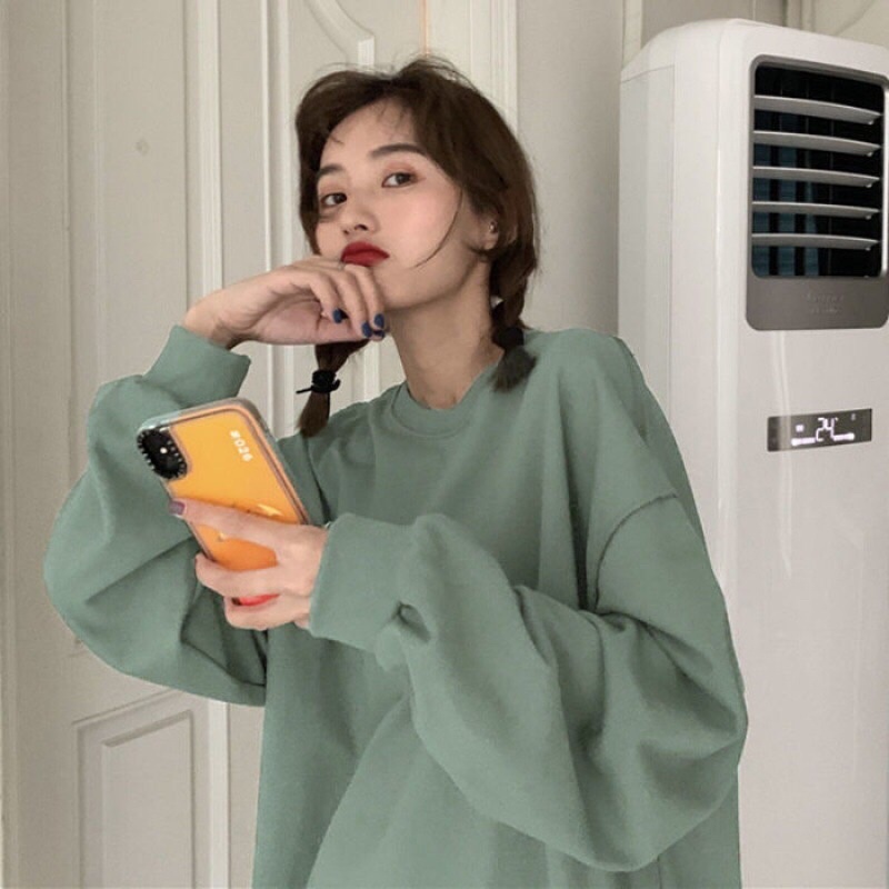 Áo sweater nỉ trơn dáng unisex lót bông dày dặn