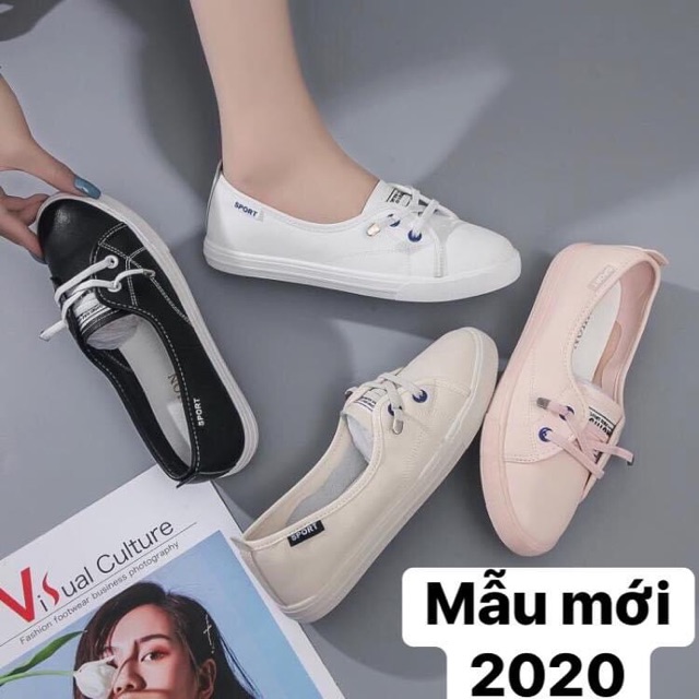 Giày slipon da mềm trắng hồng đen be đế bẻ cong thoải mái