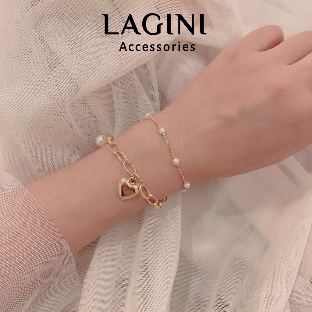 Bộ hai vòng tay lắc tay sợi xích và chuỗi ngọc treo tim thánh giá