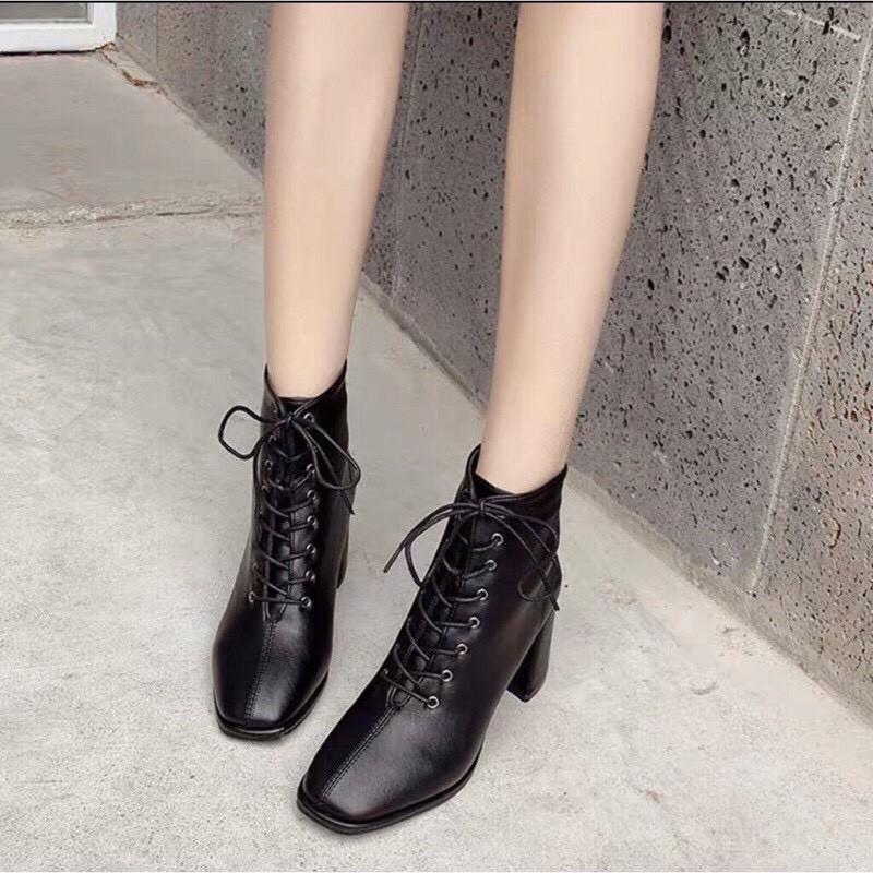 Bốt nữ cao gót, khóa sau mix dây buộc style xứ Hàn