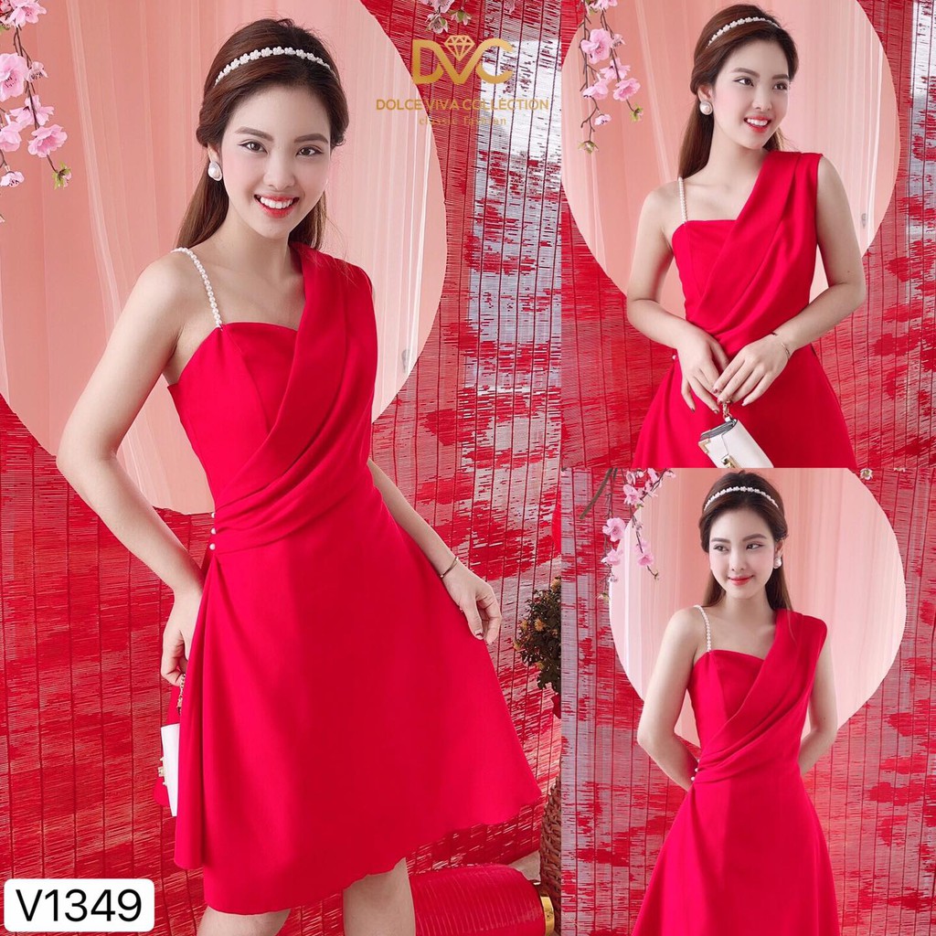 Váy đỏ lệch vai dây ngọc - DVC maidieuhuyen kèm ảnh thật và video do shop tự quay tự chụp V1349