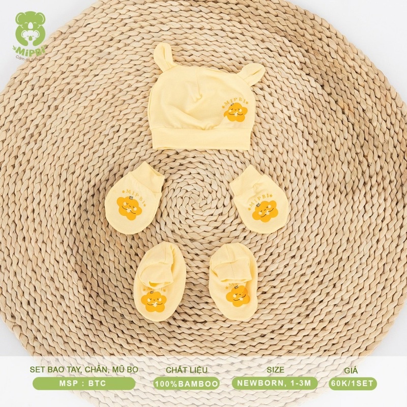 {Nhùn Nhùn}Set Mipbi sợi tre gồm mũ và bao tay chân(hoặc có bán rời bao tay chân)size NB và 1-3m