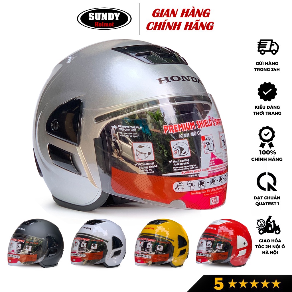 Mũ bảo hiểm 3/4 chụp tai GRO HP0K, nón kiểu dáng Honda có kính dài che cả mặt, size 56-58cm