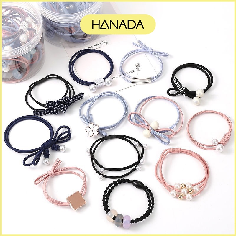 Hộp 12 Dây Cột Tóc Đủ Loại Co Dãn Cột Không Đau Có Kèm Hộp Hanada K15-T016