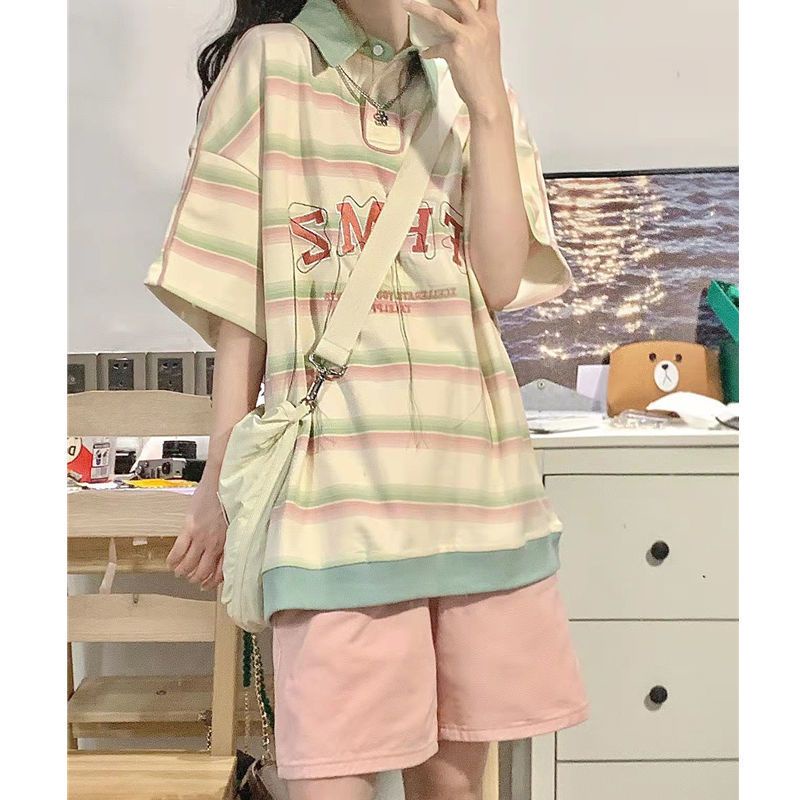 Áo Thun polo Ngắn Tay Form Rộng Họa Tiết Sọc Ngang Thời Trang Dành Cho Nữ