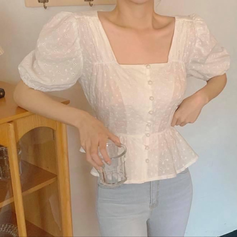 Áo kiểu ren voan babydoll tay ngắn phồng peplum trắng bèo tiểu thư cổ vuông - Order taobao quảng châu