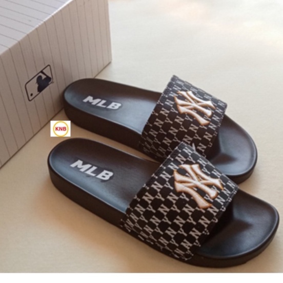 Dép 𝐌𝐋𝐁 UNISEX mẫu dép thể thao ❤️ Freeship + Hộp ❤️ Dép NY bóng chày quai ngang nam nữ chữ thêu nỗi kèm mác full đen