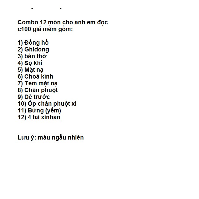 Combo 12 món cho anh em dọn cub C100 -màu ngẫu nhiên trắng chưa sơn