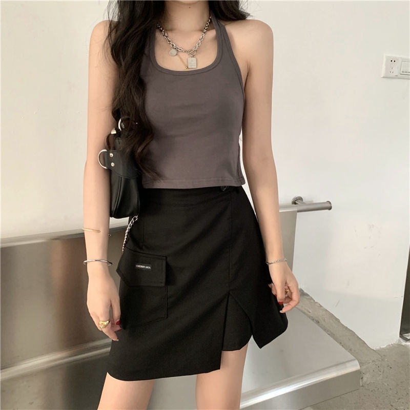 Áo Croptop Tay Dài + Áo Khoác Ghi Lê Xẻ Tà Thời Trang Hàn Quốc Cho Nữ