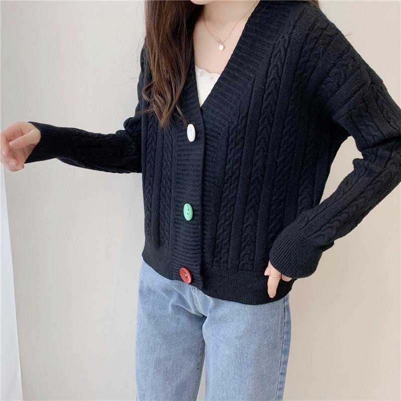 Áo Khoác Len Dệt Kim Xoắn Thừng Cổ Tim Nút 3 Màu Tay Dài | Smide Clothing