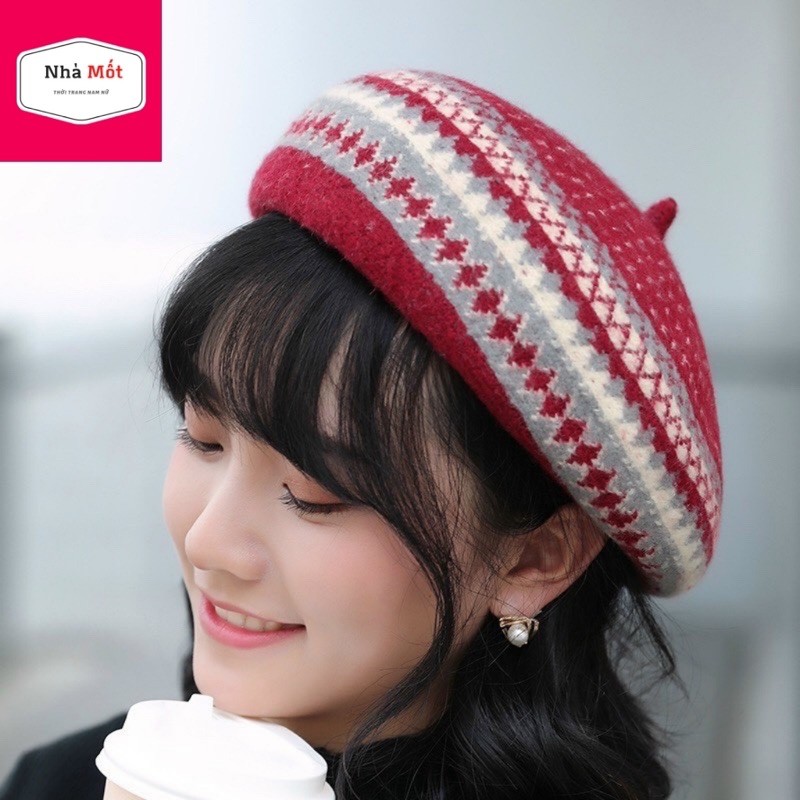 Nón Beret Len Kẻ Sọc Vuông Thời Trang Thu Đông