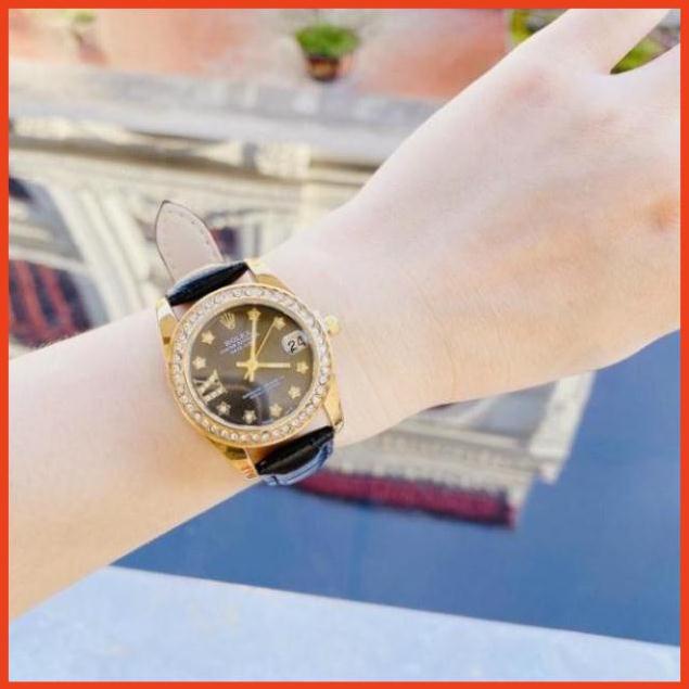 Đồng hồ Rolex nữ dây da viền kim cương nhẹ nhàng sang chảnh hottrend