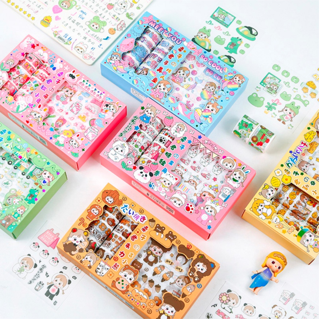 Hộp sticker cute washi tape dán sổ tay decor set 10 cuộn băng dính 10 hình dán sicker Timo WS1
