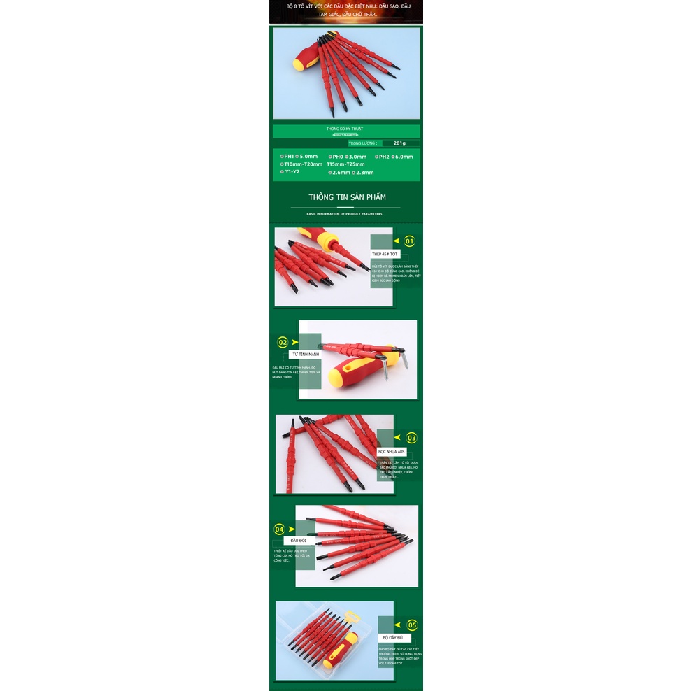 Bộ 8 tô vít đặc biệt: tô vít chữ thập, tô vít 4 cạnh, tô vít chữ U, tô vít tam giác 3 cạnh...; có từ tính mạnh TUOSEN