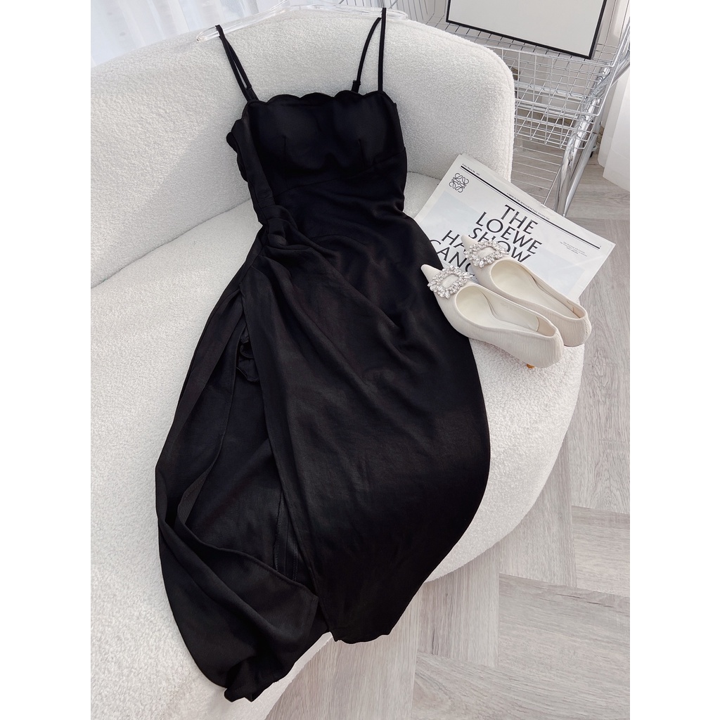 Sẵn Đầm midi hai dây cúp ngực gợn sóng xẻ đùi màu đen