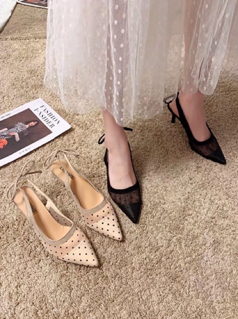 Giày cao gót cho nữ mũi nhọn lưới chấm bi cao 7cm nơ gót