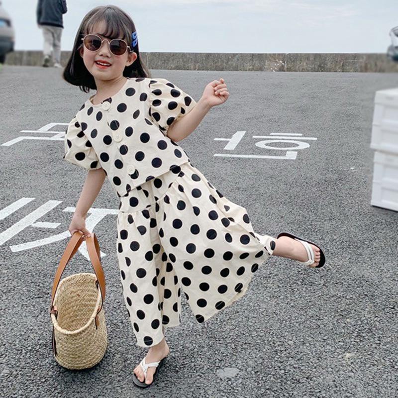 Bộ Áo Sơ Mi Chấm Bi + Quần Culottes Mùa Hè Cho Bé Gái 3-8 Tuổi