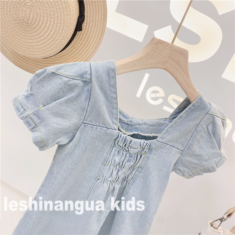 Mới Đầm Denim Tay Phồng Ngắn Cổ Chữ U Màu Xanh Dương Thời Trang Mùa Hè Cho Bé Gái