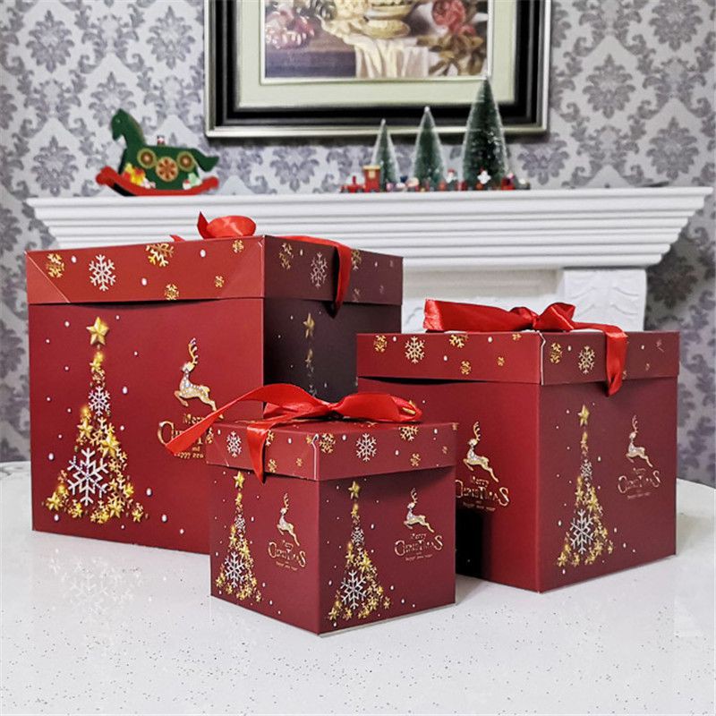 Set 3 hộp đựng quà giáng sinh hình vuông có nắp đậy và dây ruy băng cao cấp (có bán lẻ)