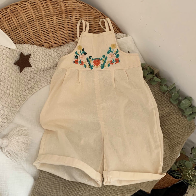 Quần Yếm Vải Lanh Ống Rộng Thêu Hoa Phong Cách Dân Tộc Thời Trang Mùa Hè 2022 Dành Cho Bé Gái