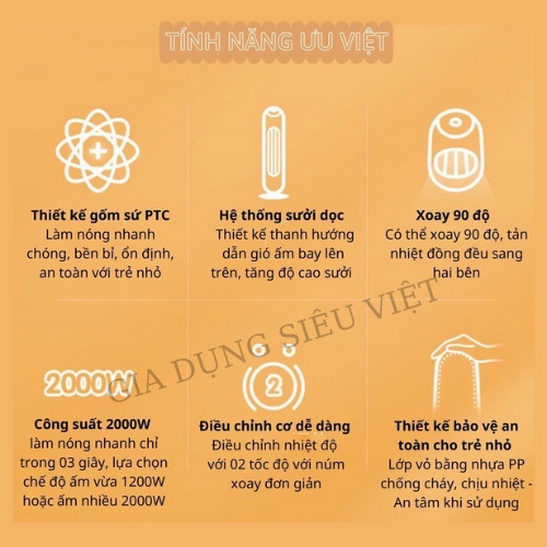Máy sưởi gốm Bear DNQ-C20B1 chính hãng-BH 12 tháng, Quạt sưởi đứng Bear, xoay 90 độ tiện lợi