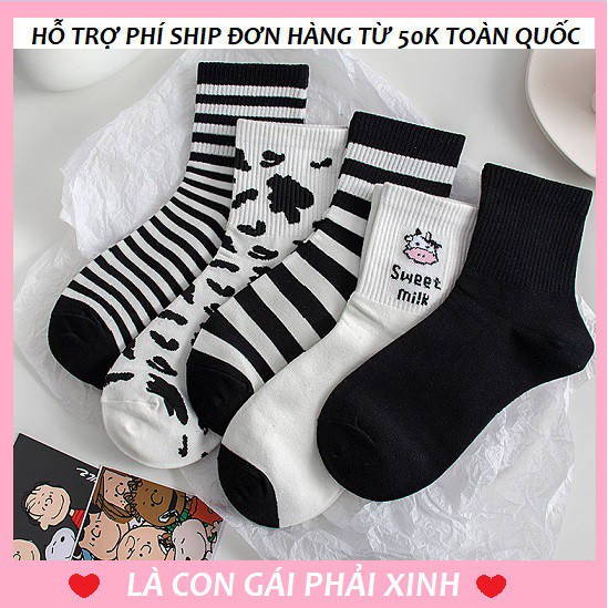 Hoạt Hình Vớ(tất) Cotton Cổ Dài Co Giãn Họa Tiết Bò Sữa Dễ Thương Cho Nữ