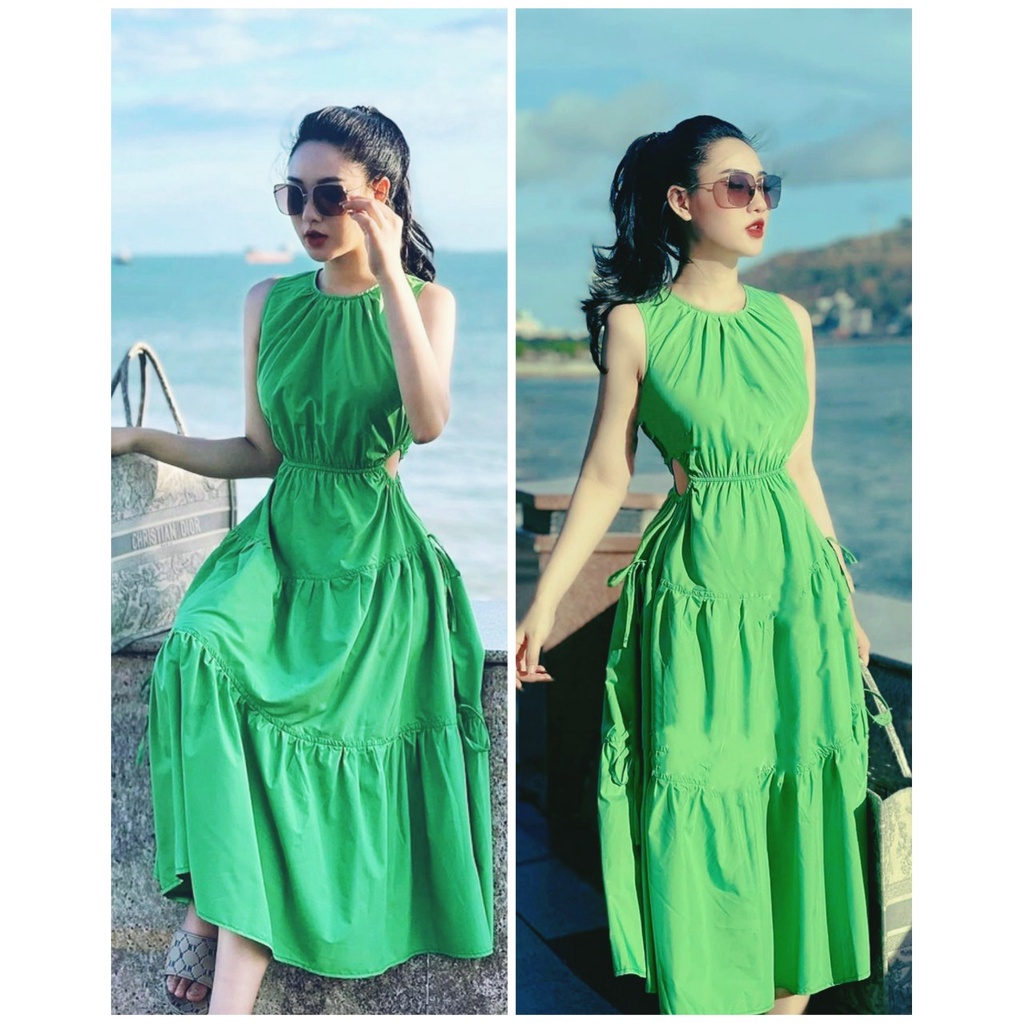TTL Đầm maxi cổ yếm 3 tầng khoét eo bo chun thắt nơ dáng xòe đi biển màu xanh