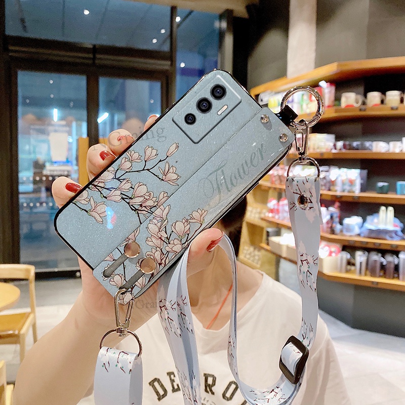 Ốp Điện Thoại Họa Tiết Hoa Lấp Lánh Có Dây Đeo Cho Vivo V23e V23e