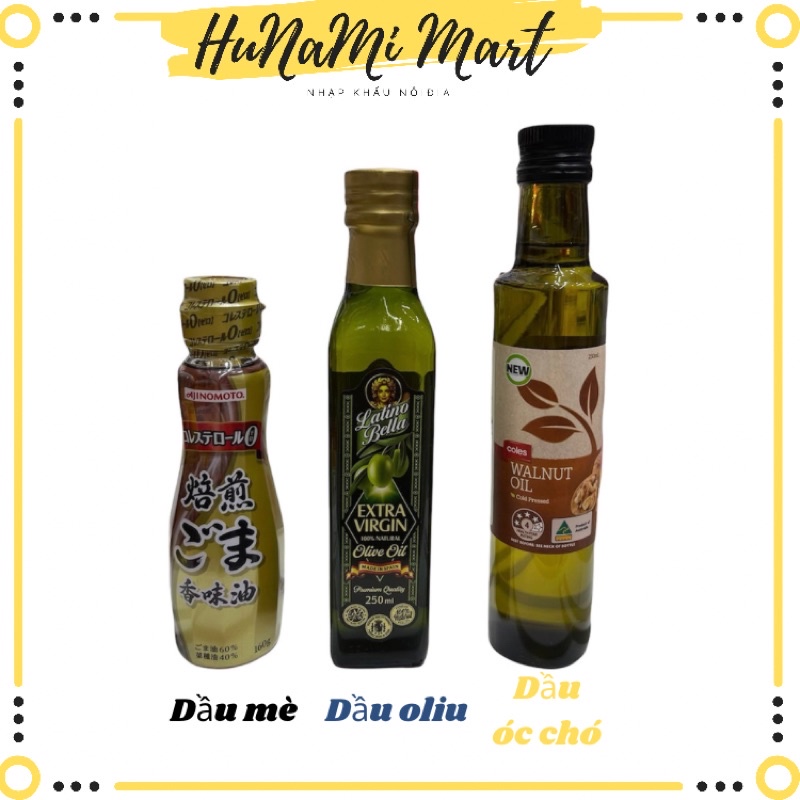 Dầu mè Ajinomoto Roasted sesame flavor oil 160g + Dầu óc chó ép lạnh Coles 250ml + Dầu oliu Extra virgin 250ml