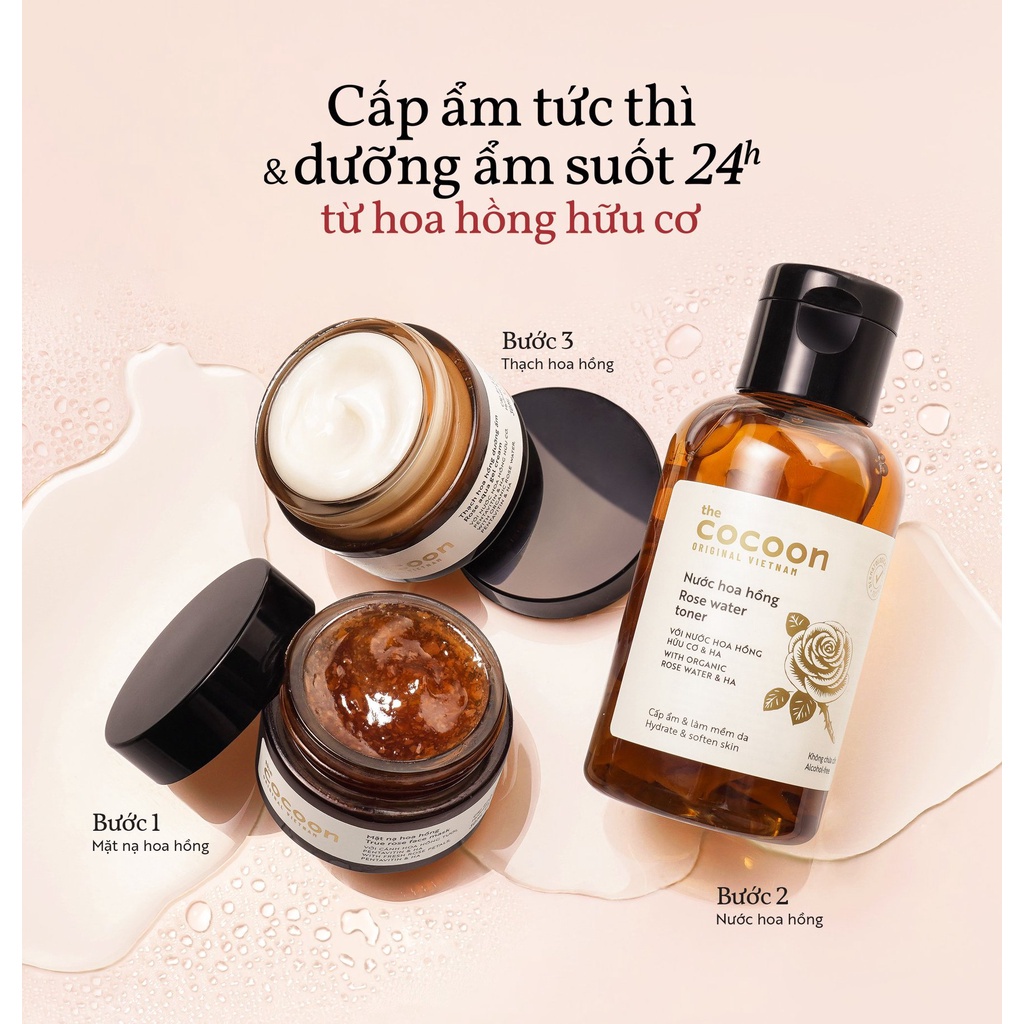 Bộ 3 dưỡng ẩm cocoon: Toner hoa hồng 140ml + Mặt nạ hoa hồng 30ml + Thạch hoa hồng 30ml - Vegan Society