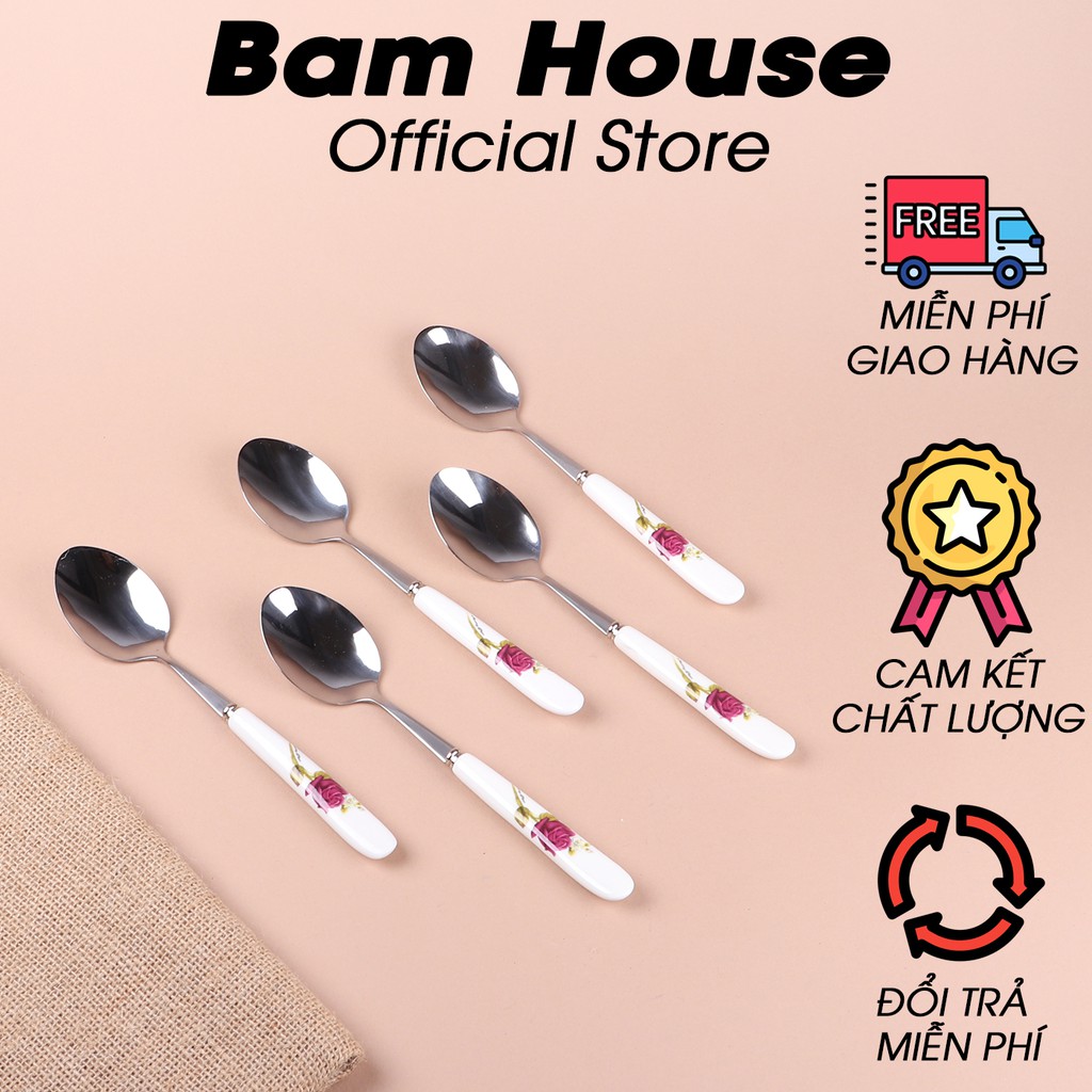 Bộ 5 muỗng soup nhọn nhà hàng cán sứ inox 304 Bam House cao cấp siêu bền MCS05 – Gia dụng bếp