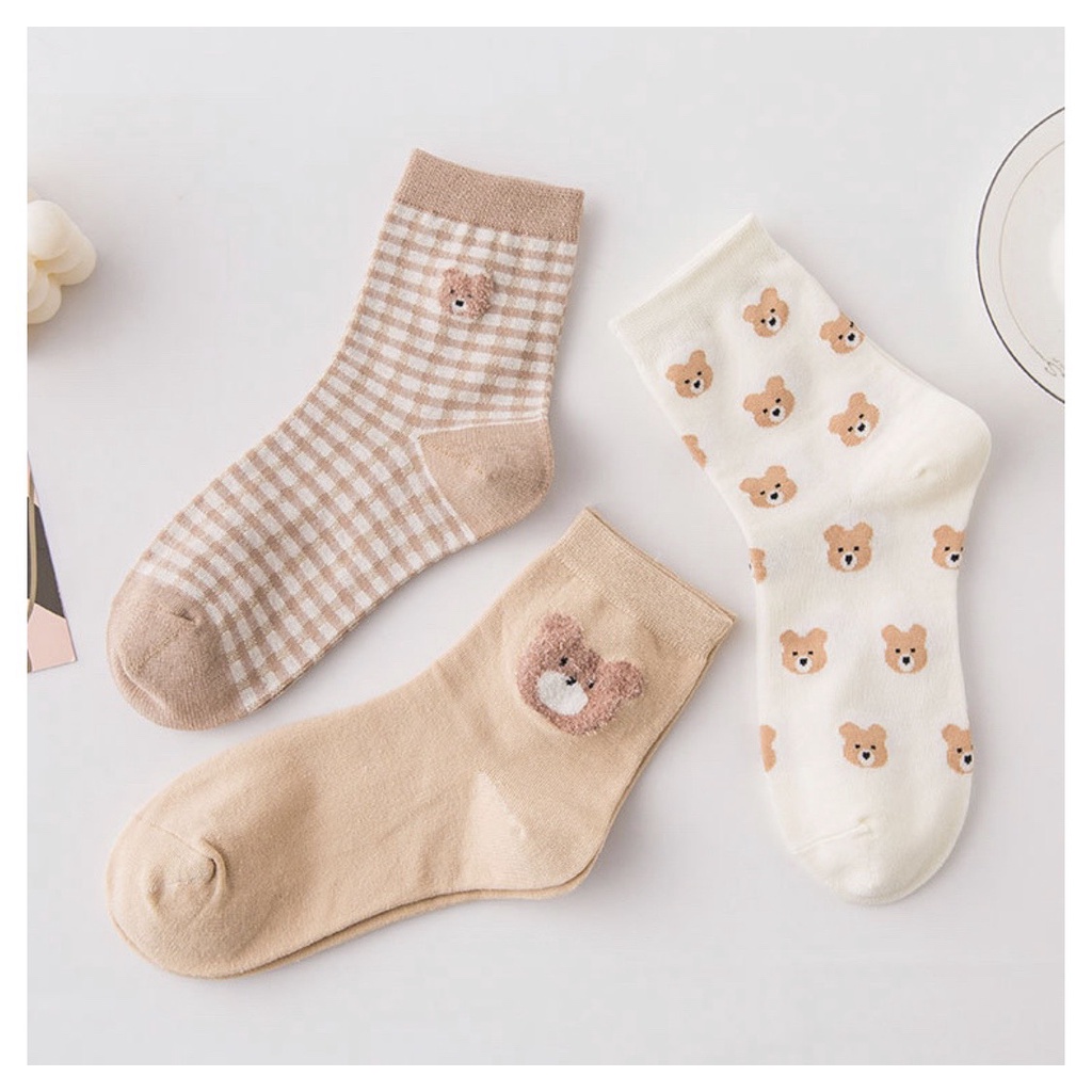 Set 3 đôi tất cổ cao Bivota vớ nữ gấu sắc nâu nhẹ nhàng thanh lịch T89