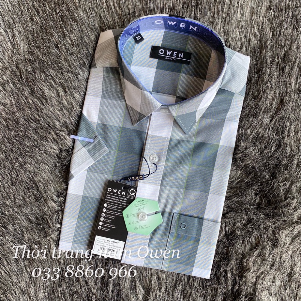 OWEN - Áo Sơ mi ngắn tay Owen vạt ngang chất sợi bạc hà kẻ ca rô xanh 220409