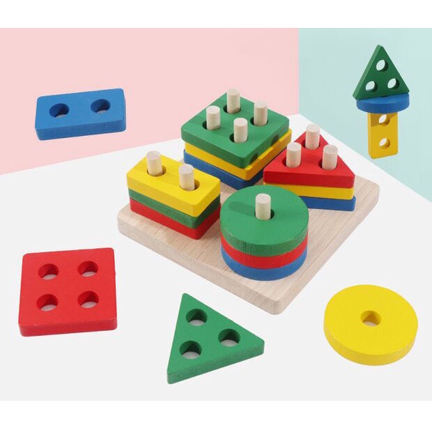 Đồ Chơi Gỗ Montessori Bộ Thả Hình Khối 4 Cọc Vuông Siêu Đẹp, Đồ Chơi Thả Cọc Phân Loại Hình Khối Màu Sắc Cho Bé