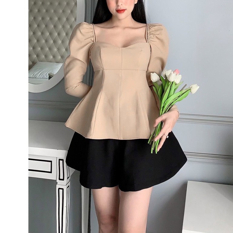 RECHIC Áo Ravi Màu Be cổ vuông kiểu dây tay phồng xinh xắn sang trọng dễ thương
