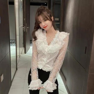 HÀNG SẴN🖤Áo kiểu ren cổ v tay dài tiểu thư sang chảnh quyến rũ|Áo sơ mi ulzzang bèo xinh xắn dạo phố  ྇